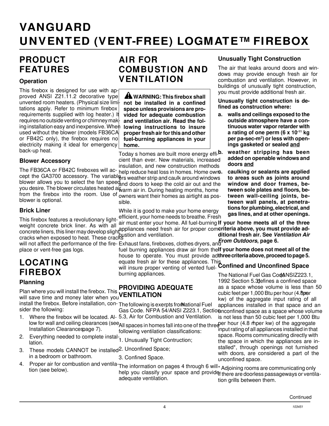 Desa FB36NCA, FB42NC, FB36CA, FB42C Product Features, Locating Firebox, AIR for Combustion and Ventilation 