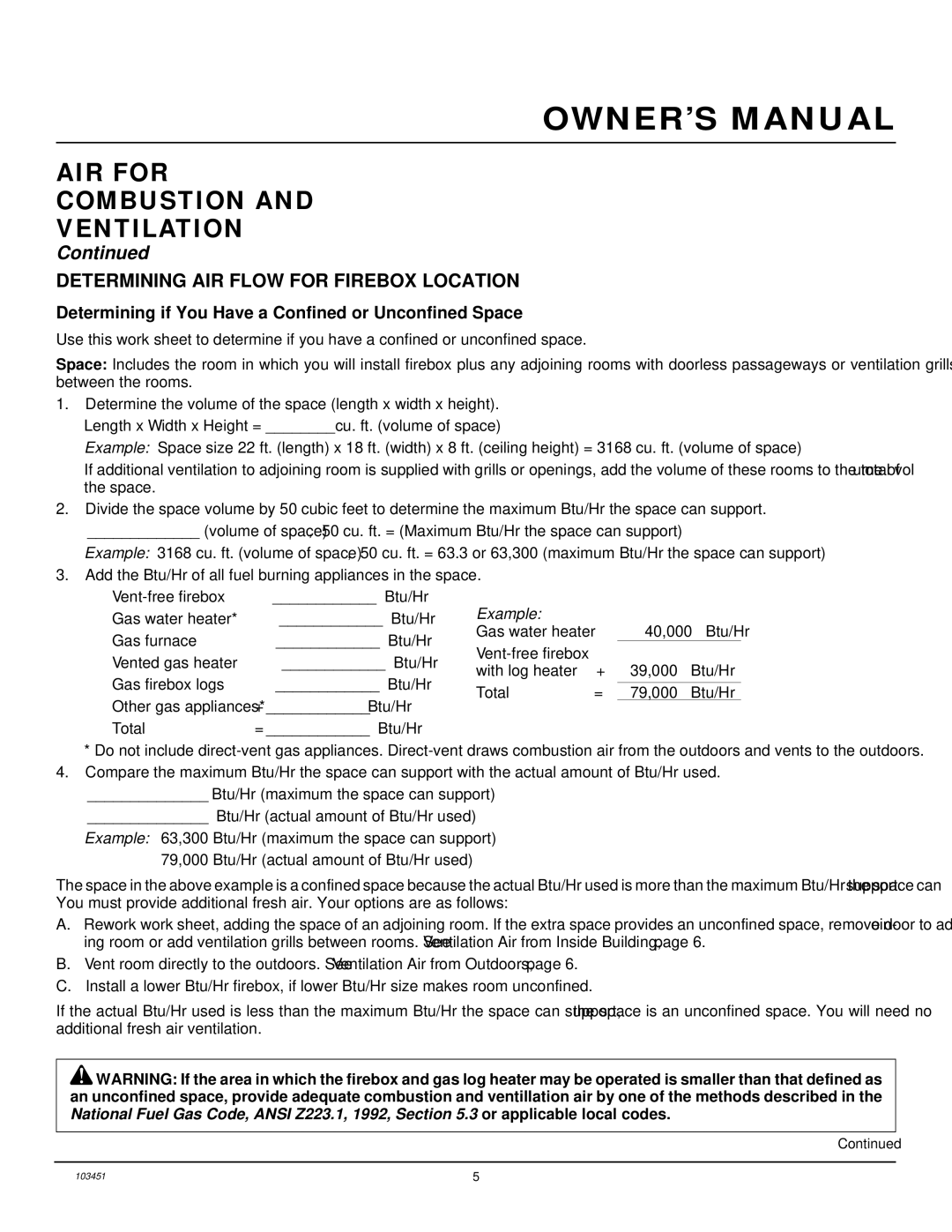 Desa FB36NCA, FB42NC, FB36CA, FB42C AIR for Combustion Ventilation, Determining AIR Flow for Firebox Location 