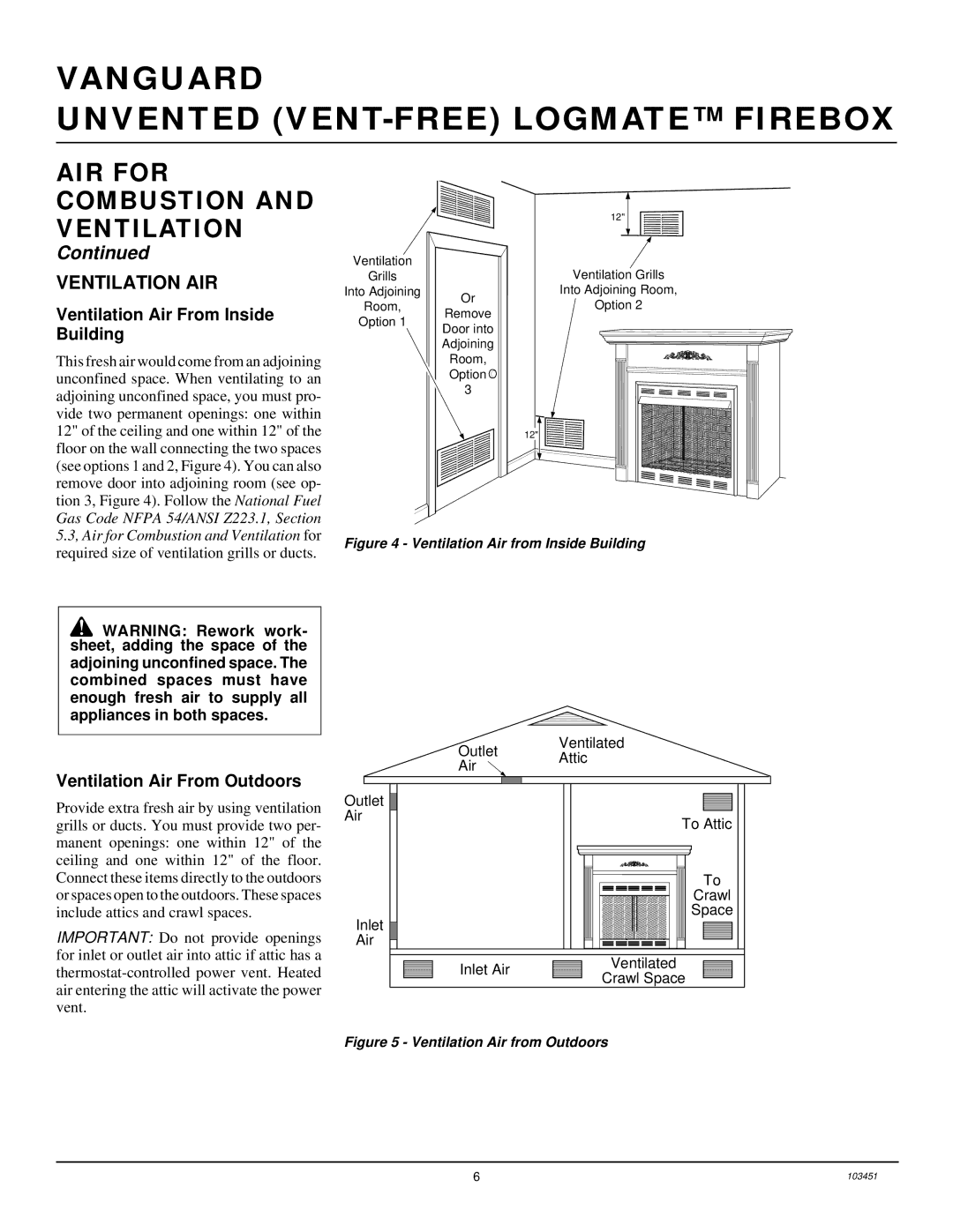 Desa FB36NCA, FB42NC, FB36CA, FB42C Ventilation AIR, Ventilation Air From Inside Building, Ventilation Air From Outdoors 