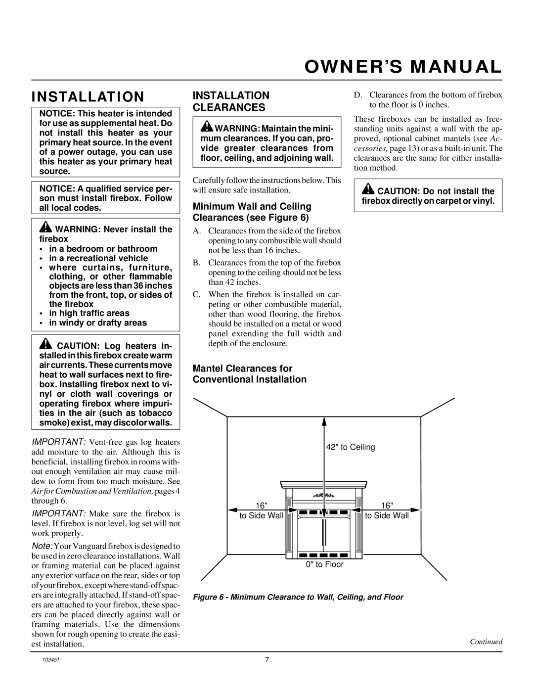 Desa FB36NCA, FB42NC, FB36CA, FB42C Installation Clearances, Minimum Wall and Ceiling Clearances see Figure 