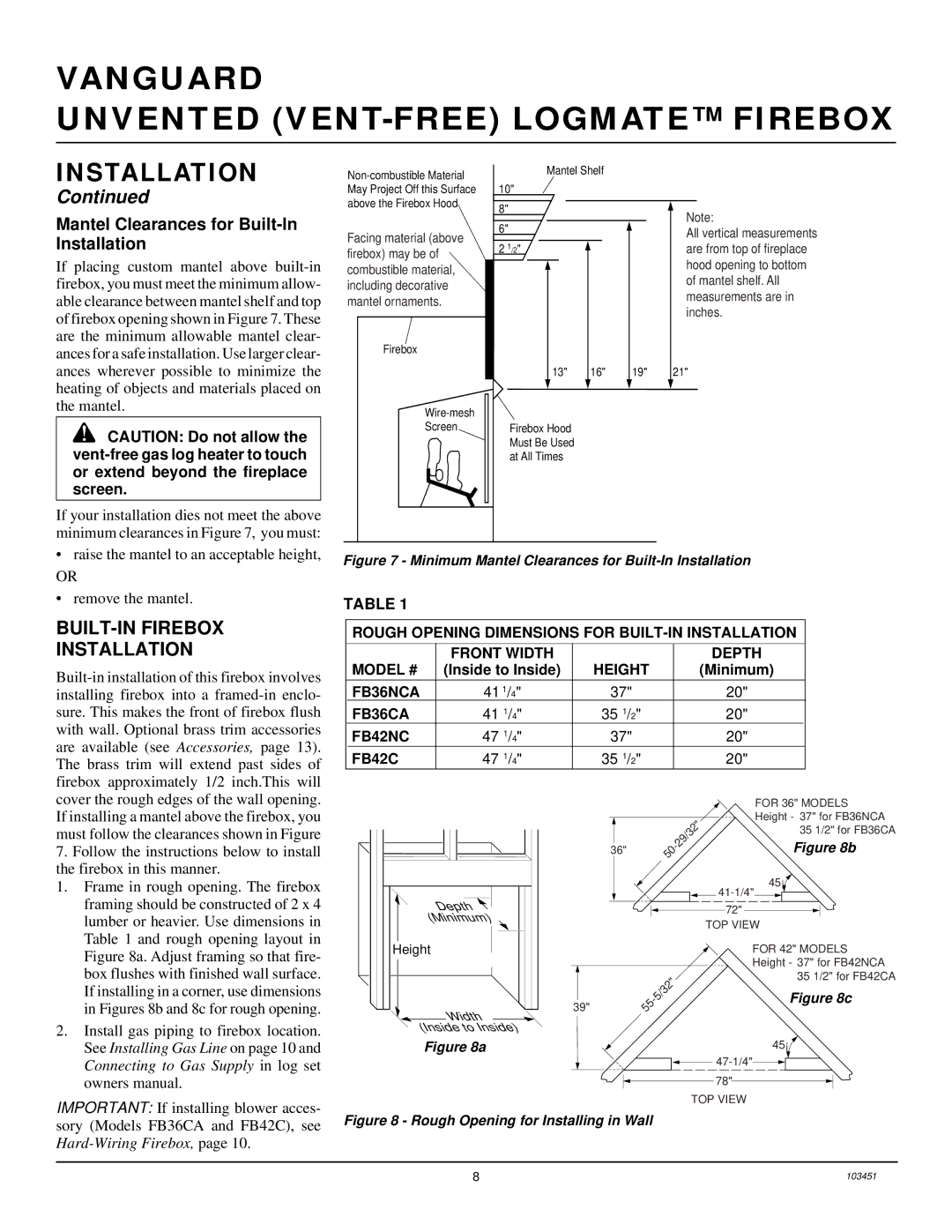 Desa FB36NCA, FB42NC, FB36CA, FB42C BUILT-IN Firebox Installation, Mantel Clearances for Built-In Installation 