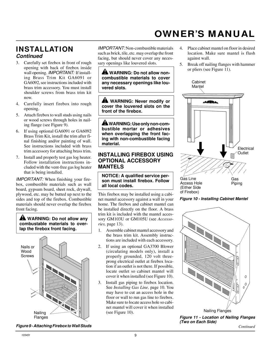 Desa FB36NCA, FB42NC, FB36CA, FB42C Installing Firebox Using Optional Accessory Mantels, Attaching Firebox to Wall Studs 