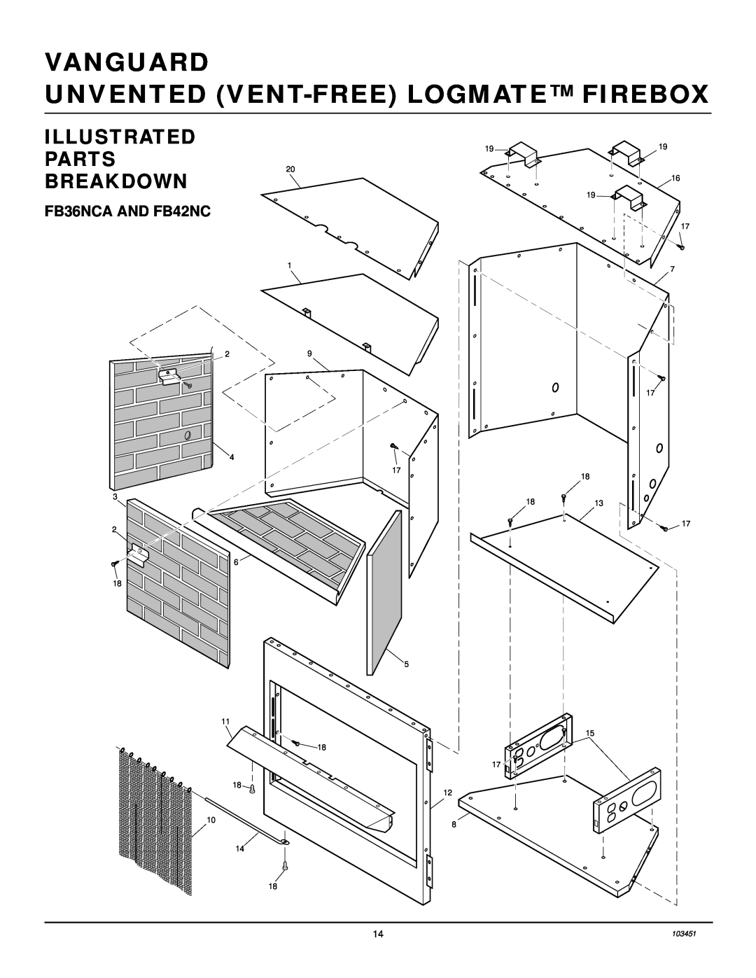 Desa FB36NCA, FB42NC, FB36CA, FB42C Illustrated, Parts, Breakdown, Vanguard Unvented Vent-Freelogmate Firebox 