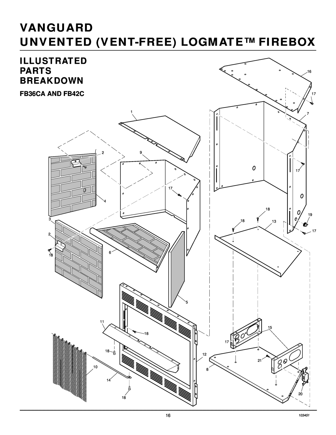 Desa FB36NCA, FB42NC, FB36CA, FB42C Illustrated Parts Breakdown, Vanguard Unvented Vent-Freelogmate Firebox 