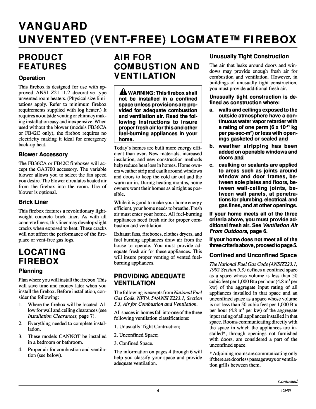 Desa FB36NCA, FB42NC, FB36CA, FB42C Product Features, Locating Firebox, Air For Combustion And Ventilation, Operation 