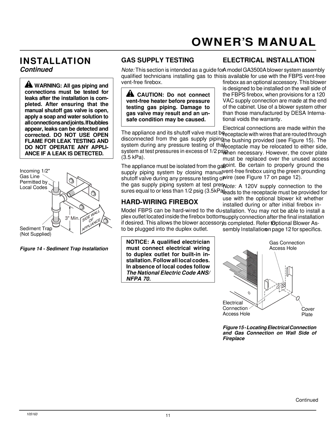 Desa FBPS installation manual GAS Supply Testing, HARD-WIRING Firebox, Electrical Installation 