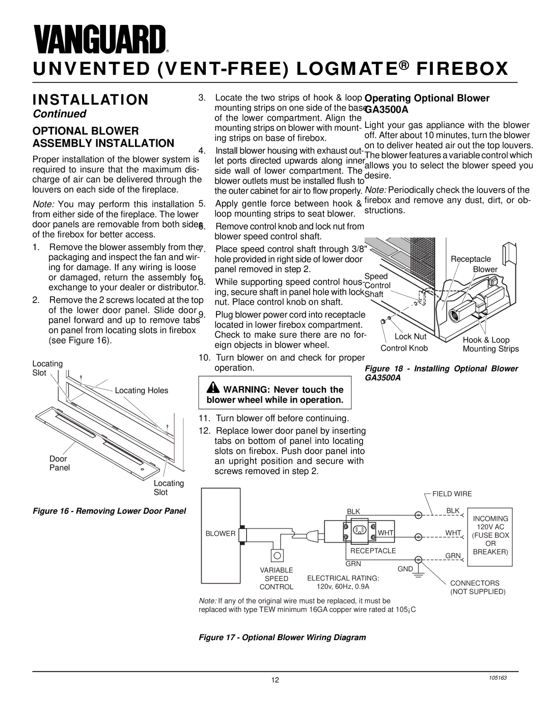 Desa FBPS installation manual Optional Blower Assembly Installation, Operating Optional Blower GA3500A 