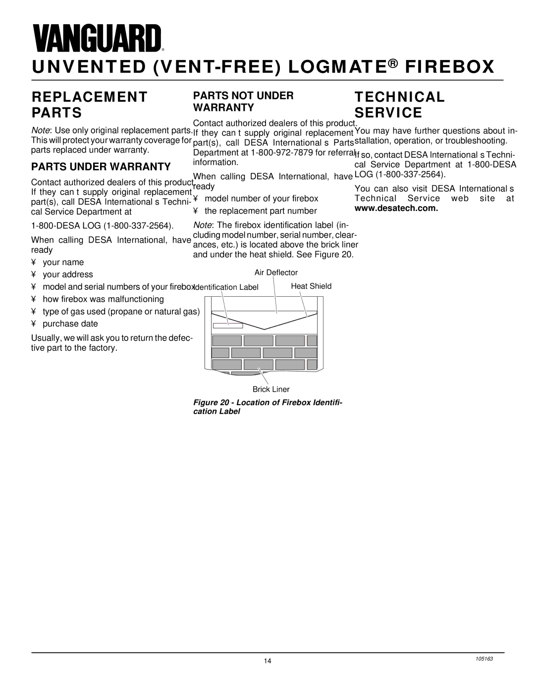 Desa FBPS installation manual Replacement Parts, Technical Service, Parts Under Warranty, Parts not Under Warranty 