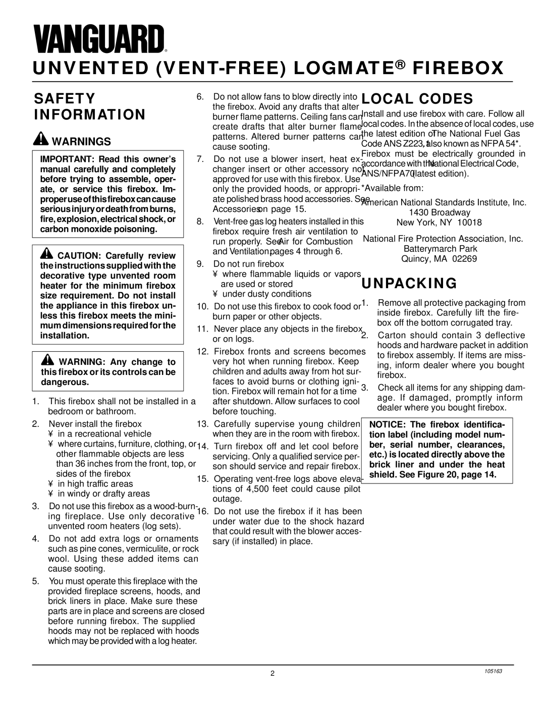 Desa FBPS installation manual Safety Information, Local Codes, Unpacking 