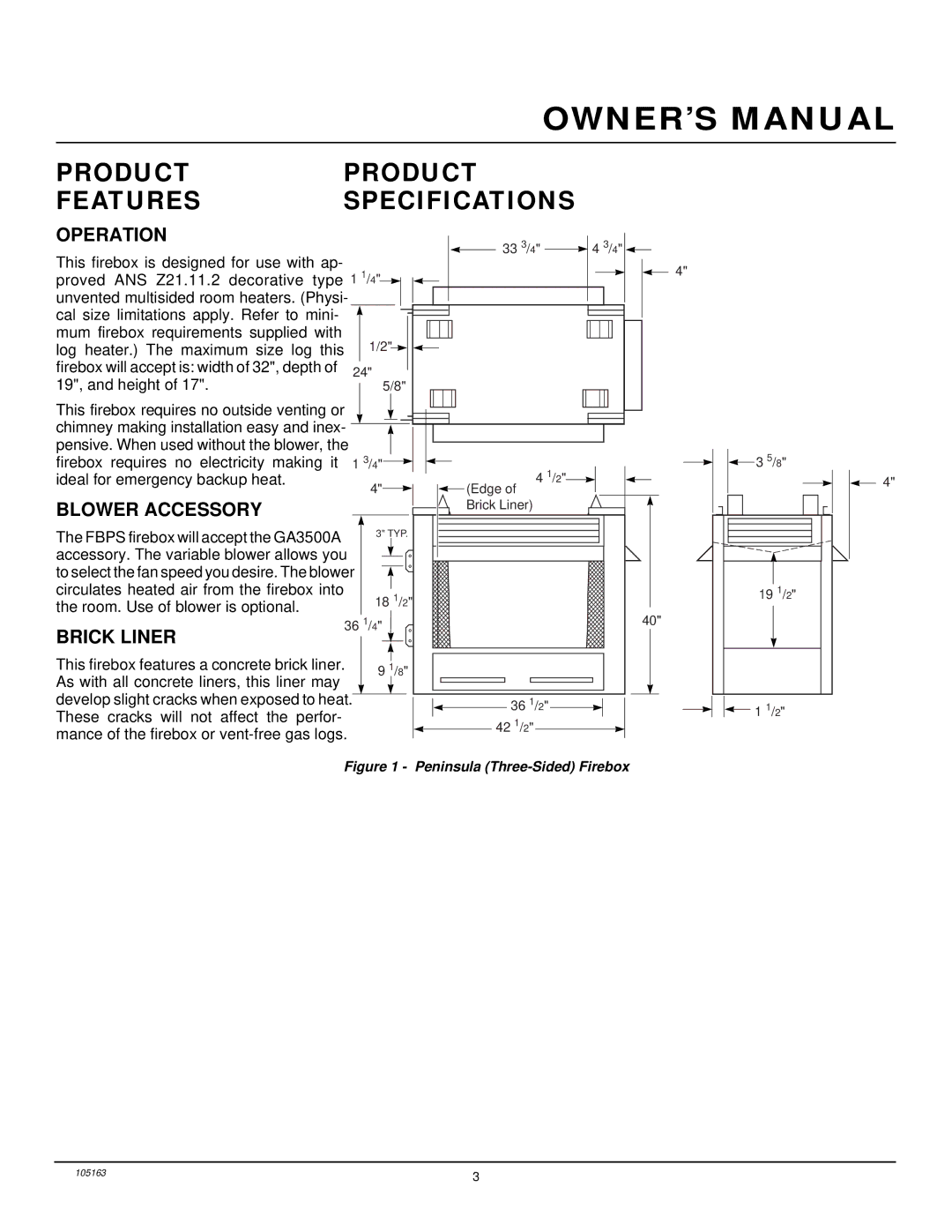 Desa FBPS installation manual Product Features, Product Specifications, Operation, Blower Accessory, Brick Liner 