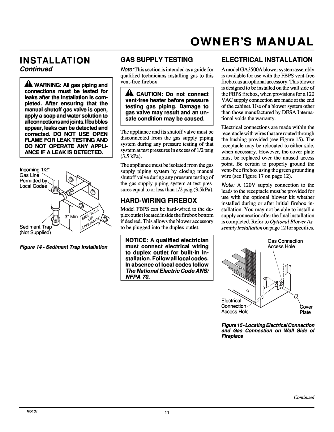 Desa FBPS Continued, Gas Supply Testing, Hard-Wiringfirebox, Electrical Installation, Sediment Trap Installation 