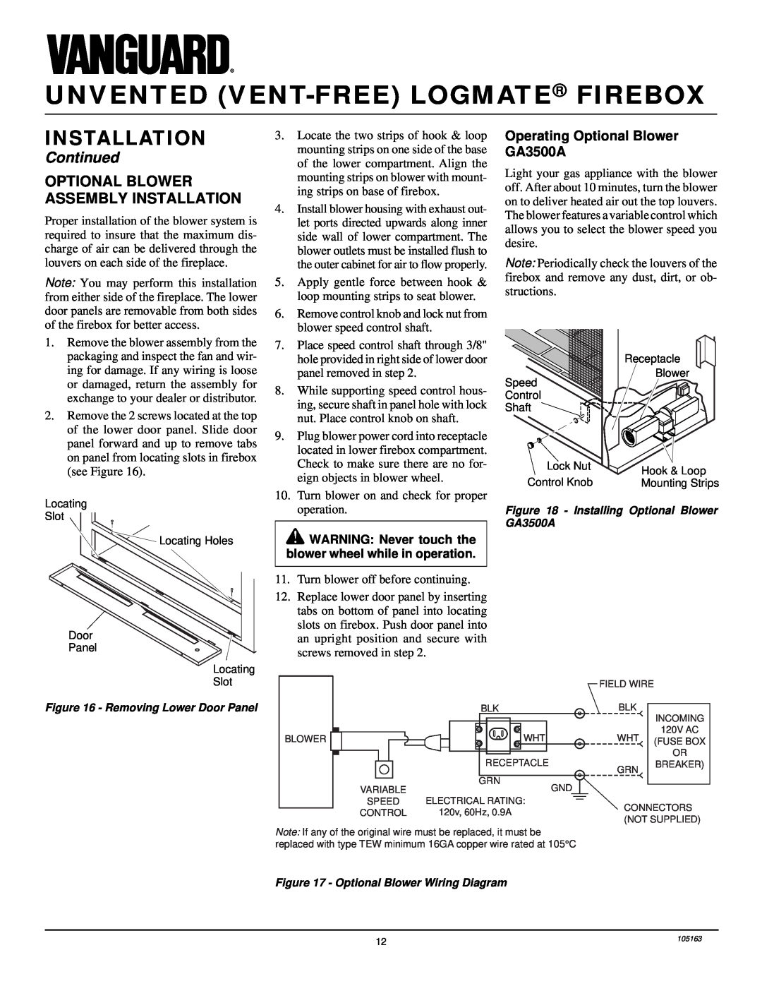 Desa FBPS installation manual Unvented Vent-Freelogmate Firebox, Continued, Optional Blower Assembly Installation 