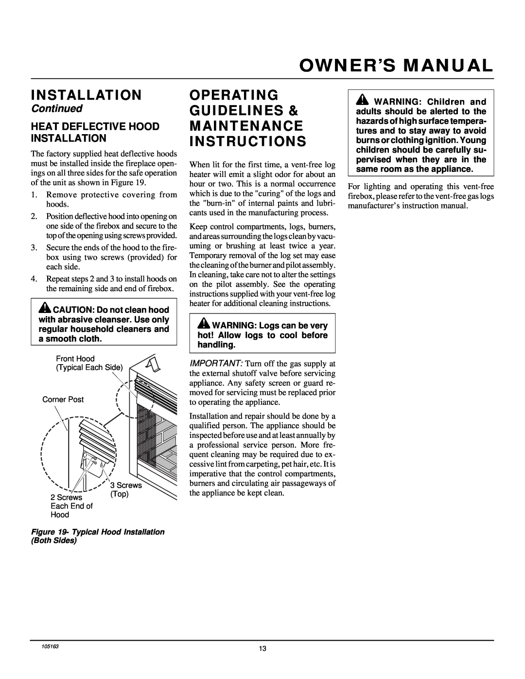 Desa FBPS Operating Guidelines & Maintenance Instructions, Continued, Heat Deflective Hood Installation 