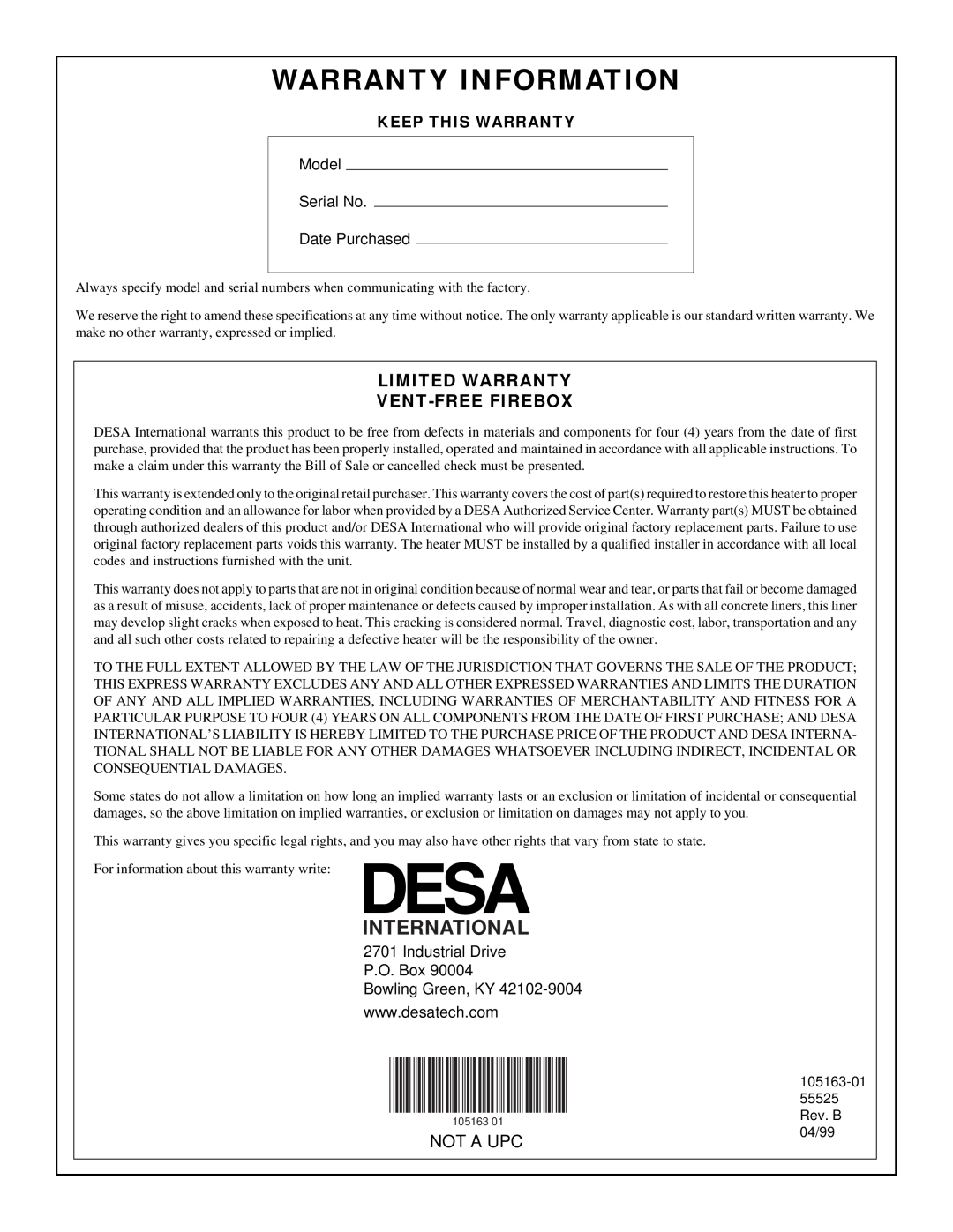 Desa FBPS installation manual Warranty Information, International, Not A Upc, Model Serial No Date Purchased 