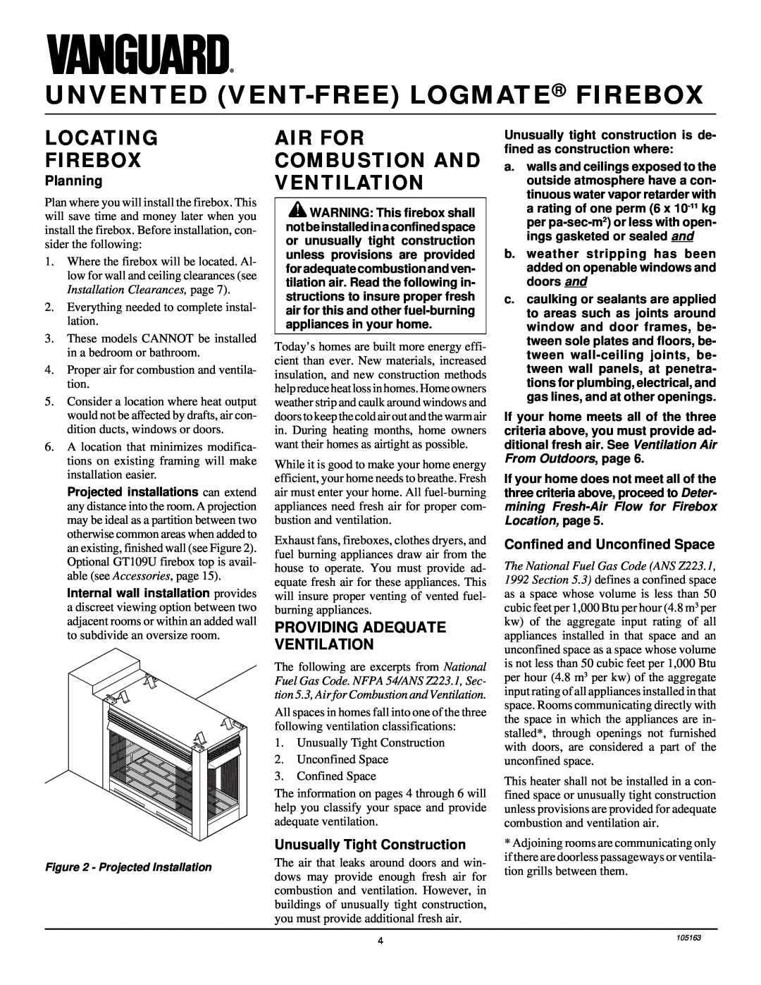 Desa FBPS installation manual Locating Firebox, Air For Combustion And Ventilation, Unvented Vent-Freelogmate Firebox 