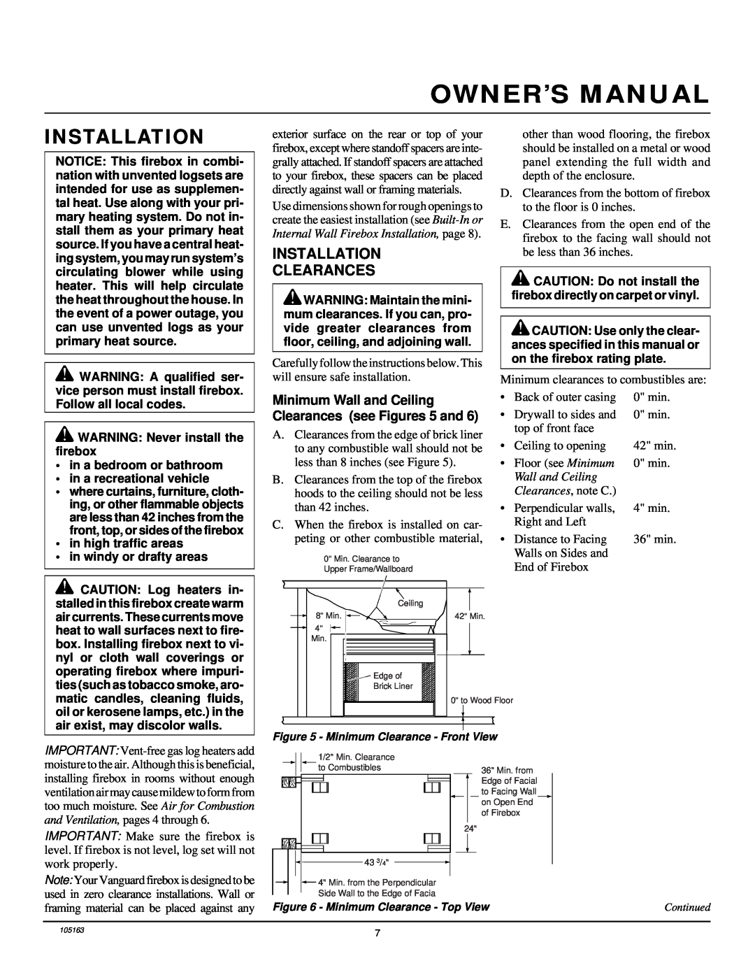 Desa FBPS installation manual Installation Clearances, Wall and Ceiling, Clearances, note C 
