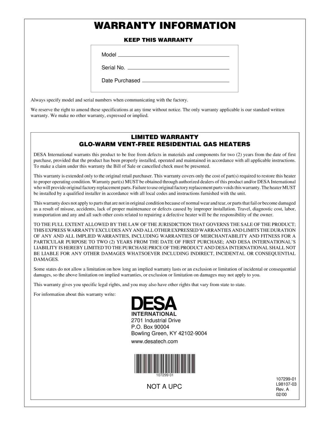 Desa FBS-10BB, FB-60BA installation manual Warranty Information 