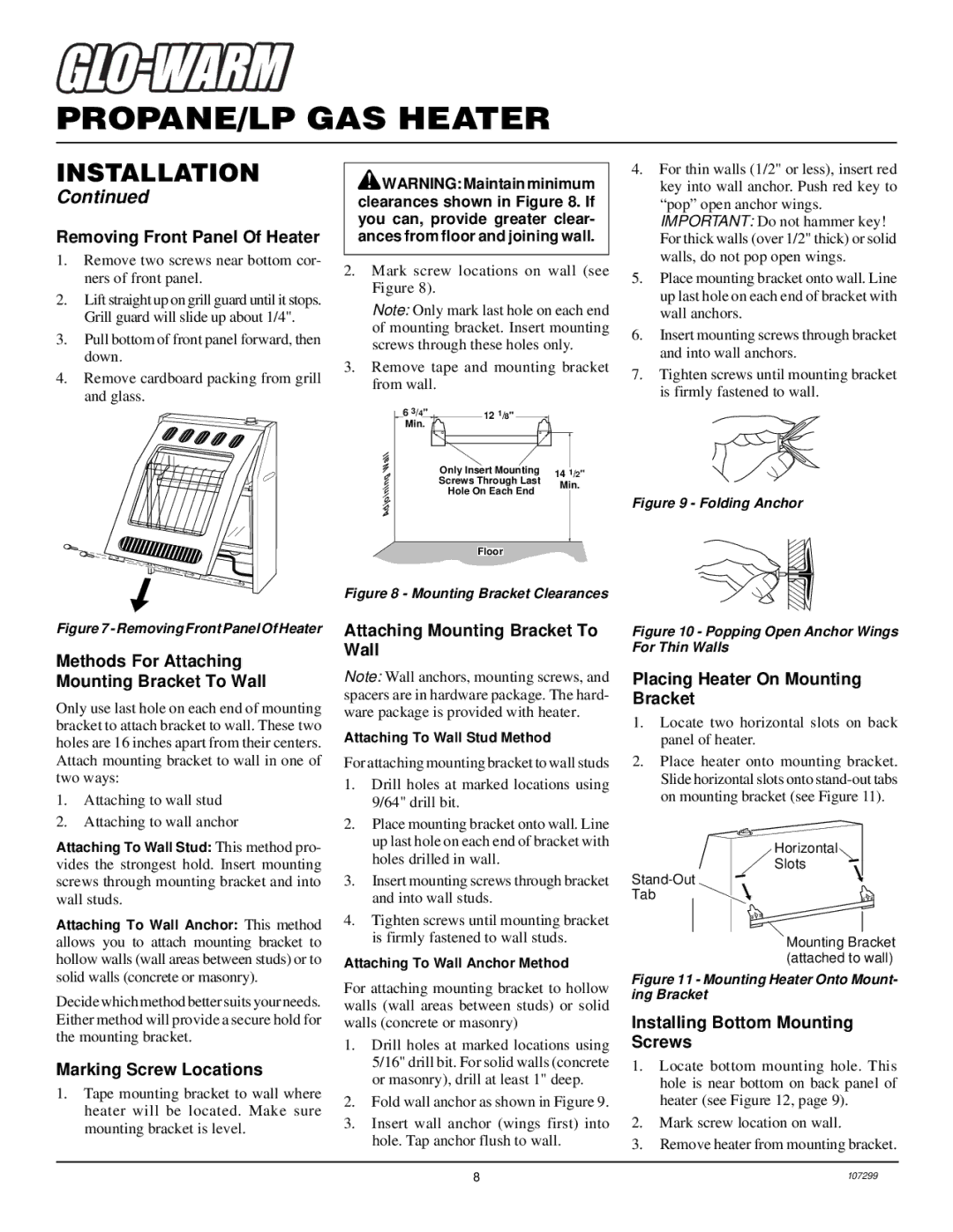 Desa FBS-10BB Removing Front Panel Of Heater, Methods For Attaching Mounting Bracket To Wall, Marking Screw Locations 