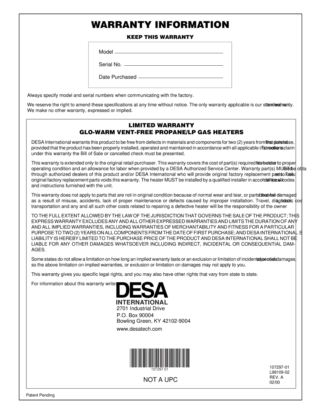 Desa FB-5B, FBS-3C, FBS-5C installation manual Warranty Information, International 