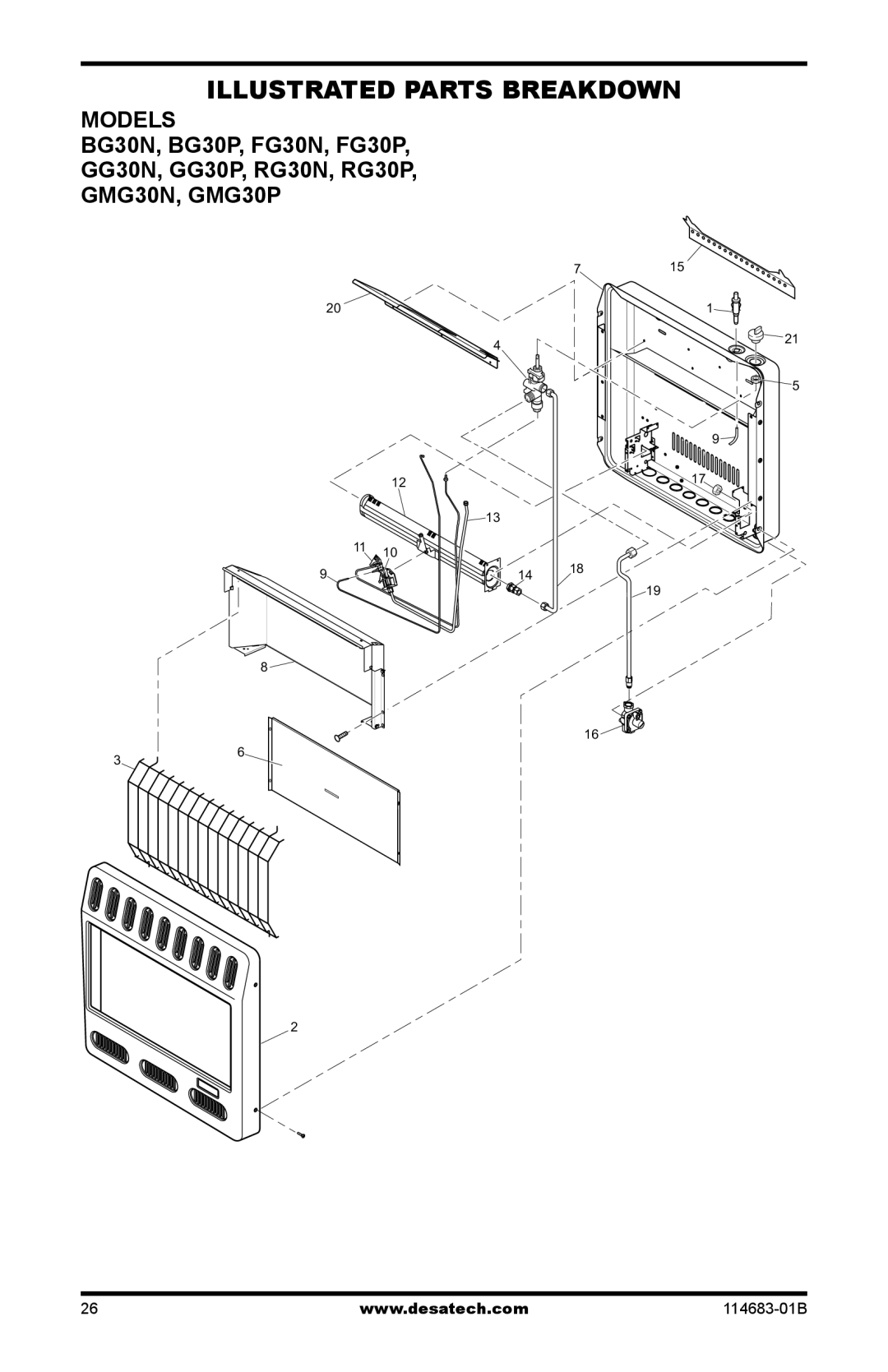 Desa GG30NT, FG30PT, FG30NT, RG30NT, RG30P, GG30PT, BG30NT, BG30PT installation manual Illustrated Parts Breakdown 