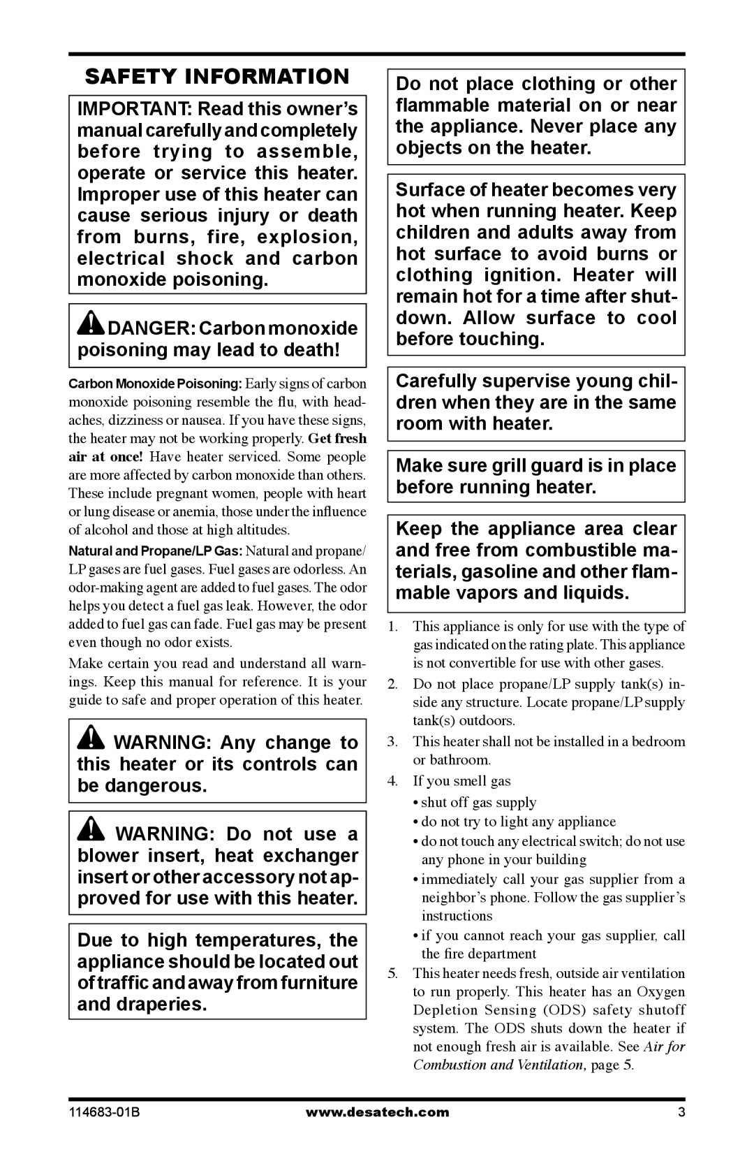 Desa FG30PT, GG30NT, FG30NT, RG30NT, RG30P, GG30PT, BG30NT, BG30PT Safety Information, Poisoning may lead to death 