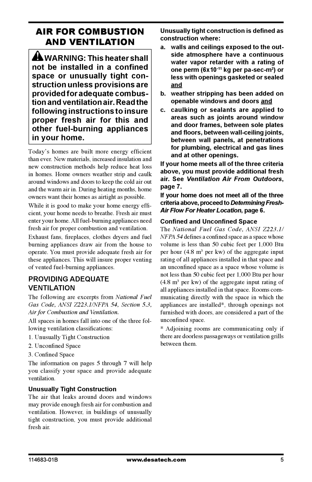 Desa FG30NT AIR for Combustion Ventilation, Providing Adequate Ventilation, Following are excerpts from National Fuel 