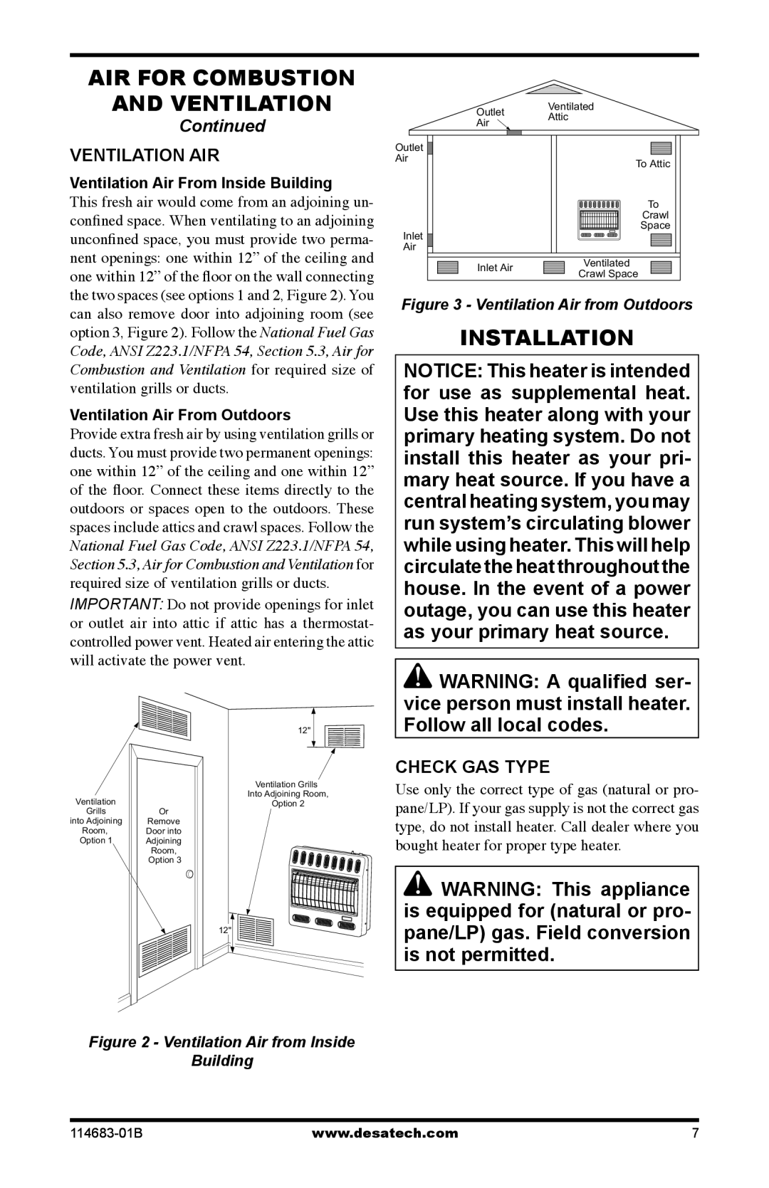 Desa RG30N, GG30NT, FG30PT, FG30N Installation, Ventilation AIR, Check GAS Type, Ventilation Air From Inside Building 