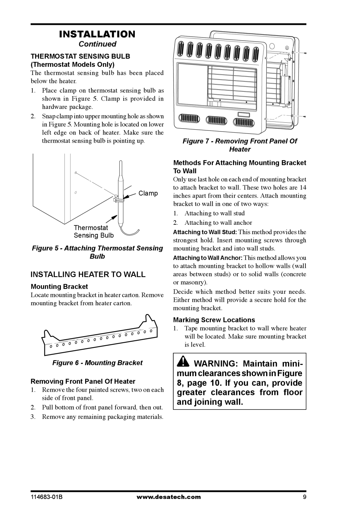 Desa GG30PT, FG30P, GG30N, FG30N Installing Heater to Wall, Thermostat Sensing Bulb Thermostat Models Only, Mounting Bracket 