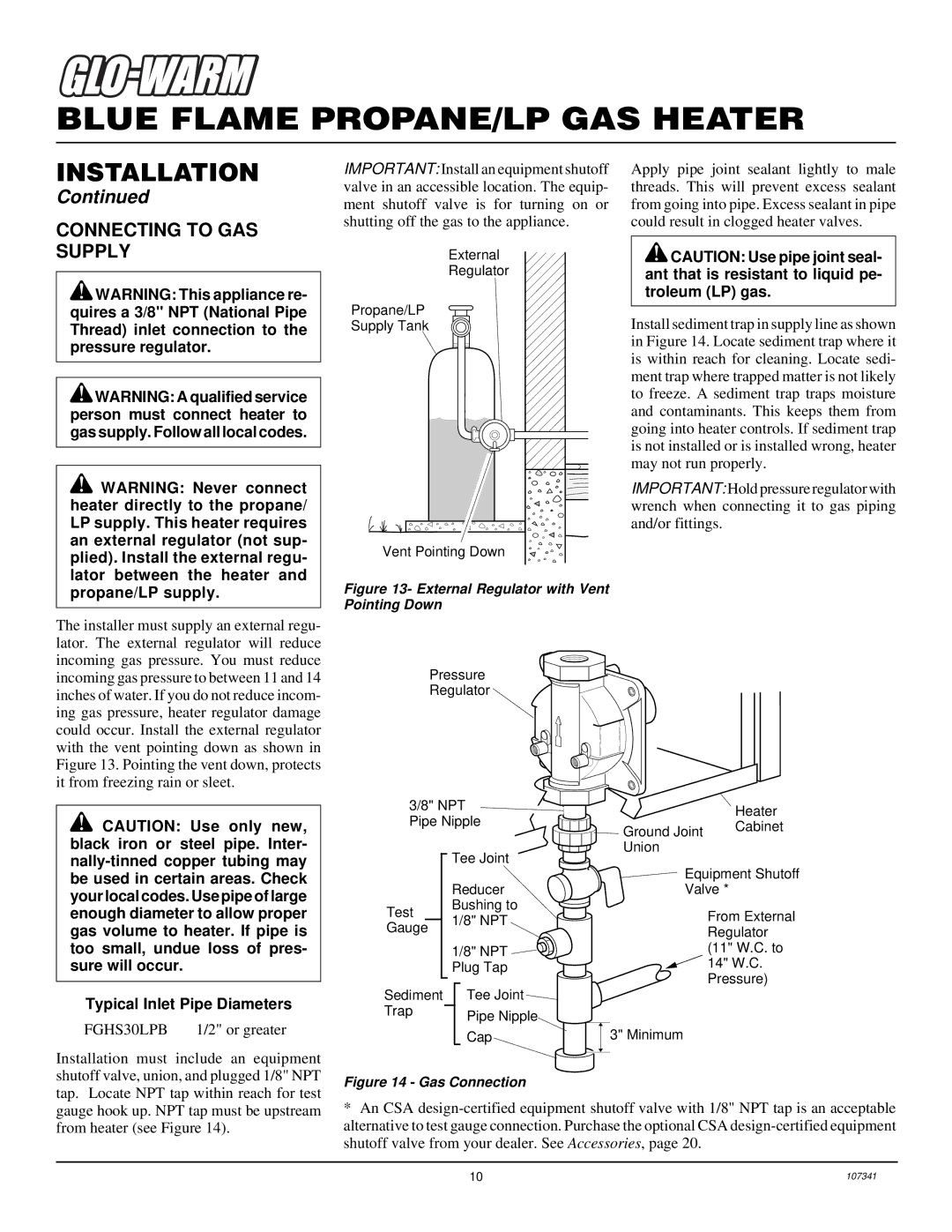 Desa FGHS30LPB installation manual Connecting to GAS Supply, Propane/LP supply 