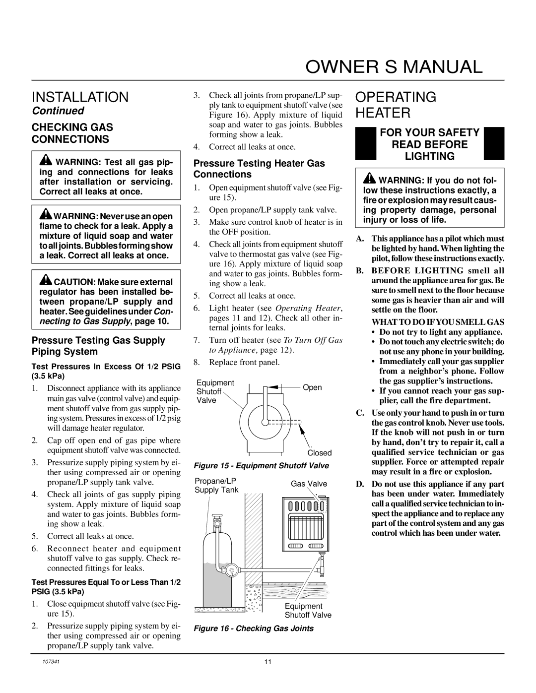 Desa FGHS30LPB installation manual Operating Heater, Checking GAS Connections, For Your Safety Read Before Lighting 