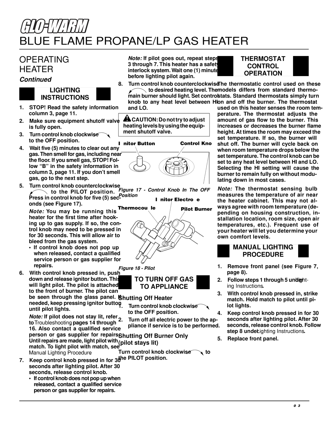 Desa FGHS30LPB installation manual Lighting Instructions, To Turn OFF GAS To Appliance, Thermostat Control Operation 