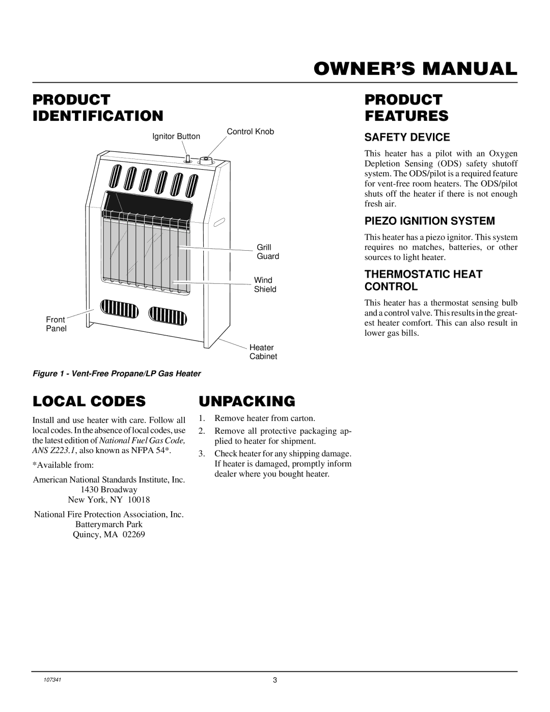 Desa FGHS30LPB installation manual Product Identification, Product Features, Local Codes, Unpacking 