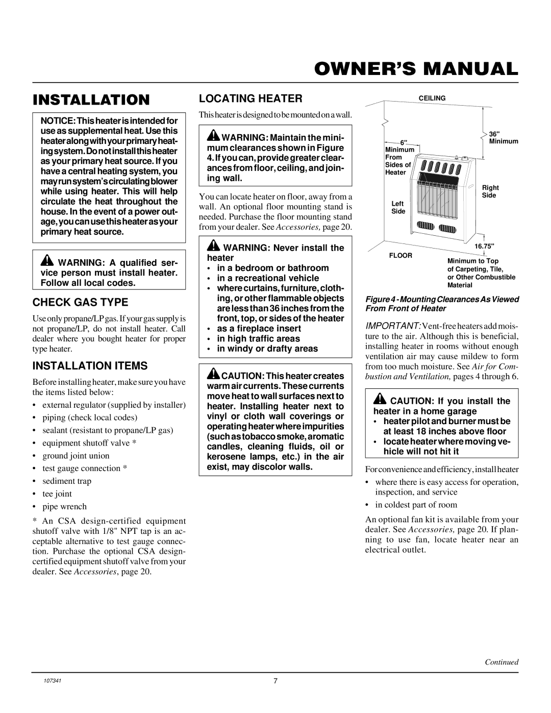 Desa FGHS30LPB installation manual Check GAS Type, Installation Items, Locating Heater 