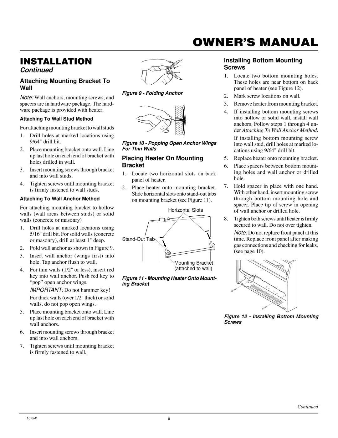 Desa FGHS30LPB Attaching Mounting Bracket To Wall, Placing Heater On Mounting Bracket, Installing Bottom Mounting Screws 