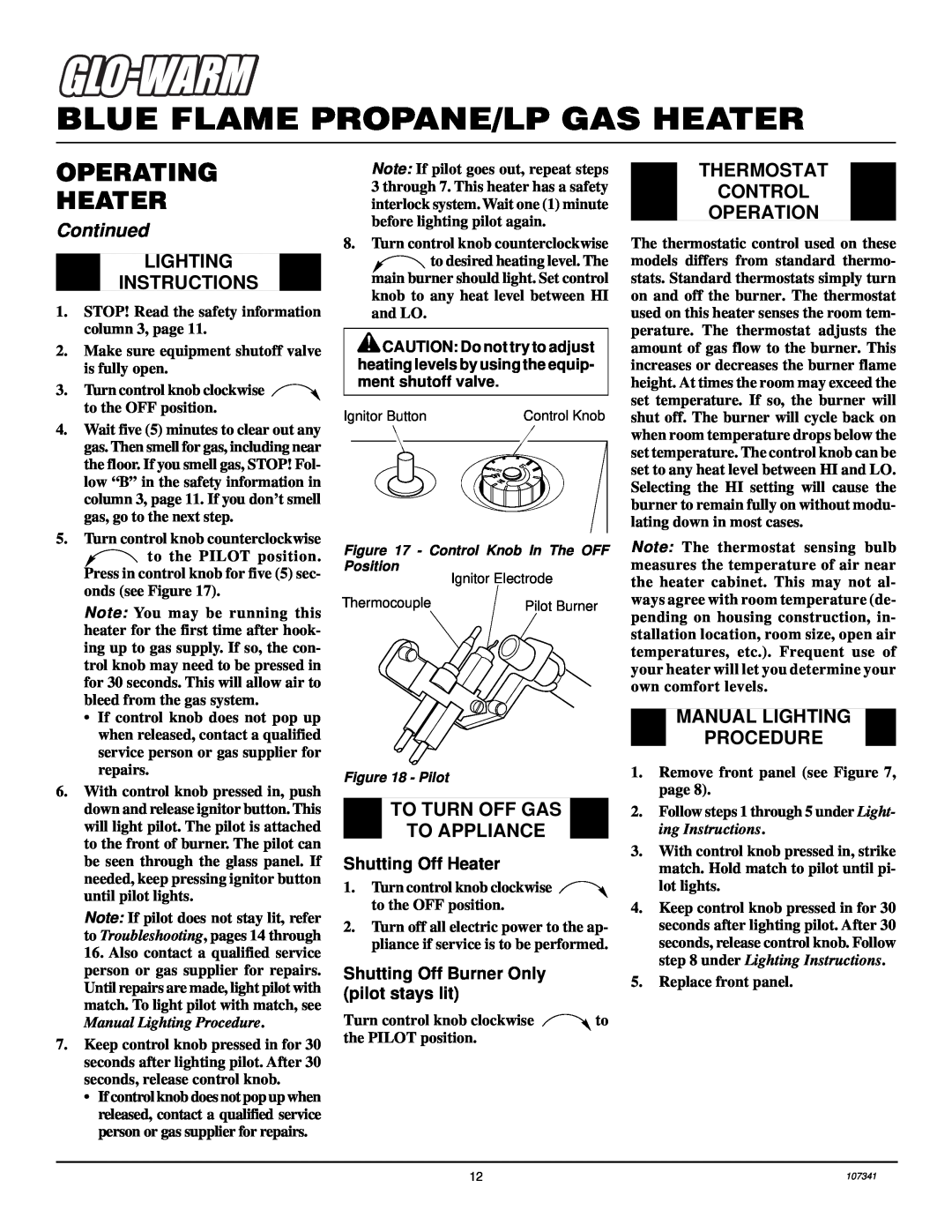 Desa FGHS30LPB Lighting Instructions, To Turn Off Gas To Appliance, Thermostat Control Operation, Shutting Off Heater 