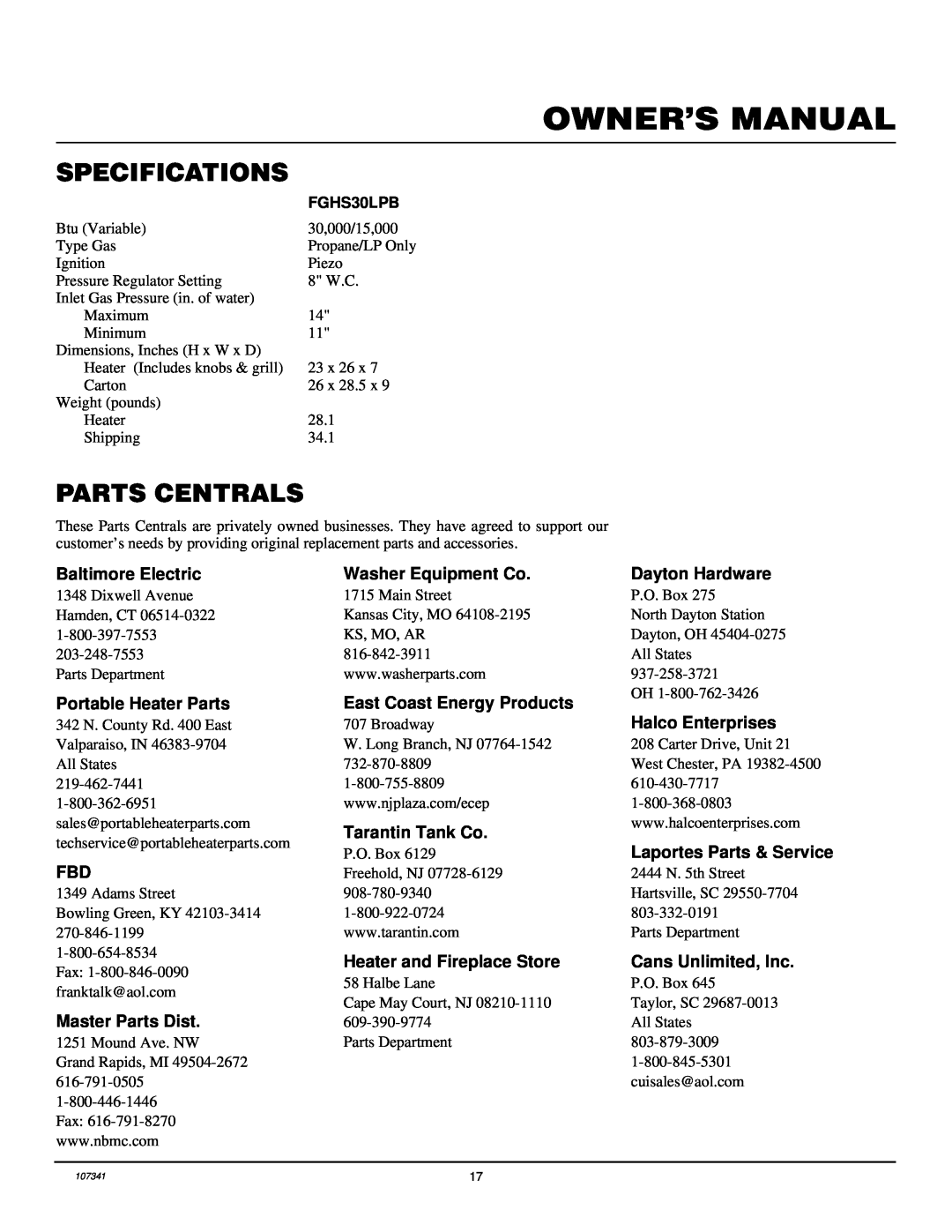 Desa FGHS30LPB Specifications, Parts Centrals, Baltimore Electric, Portable Heater Parts, Master Parts Dist 