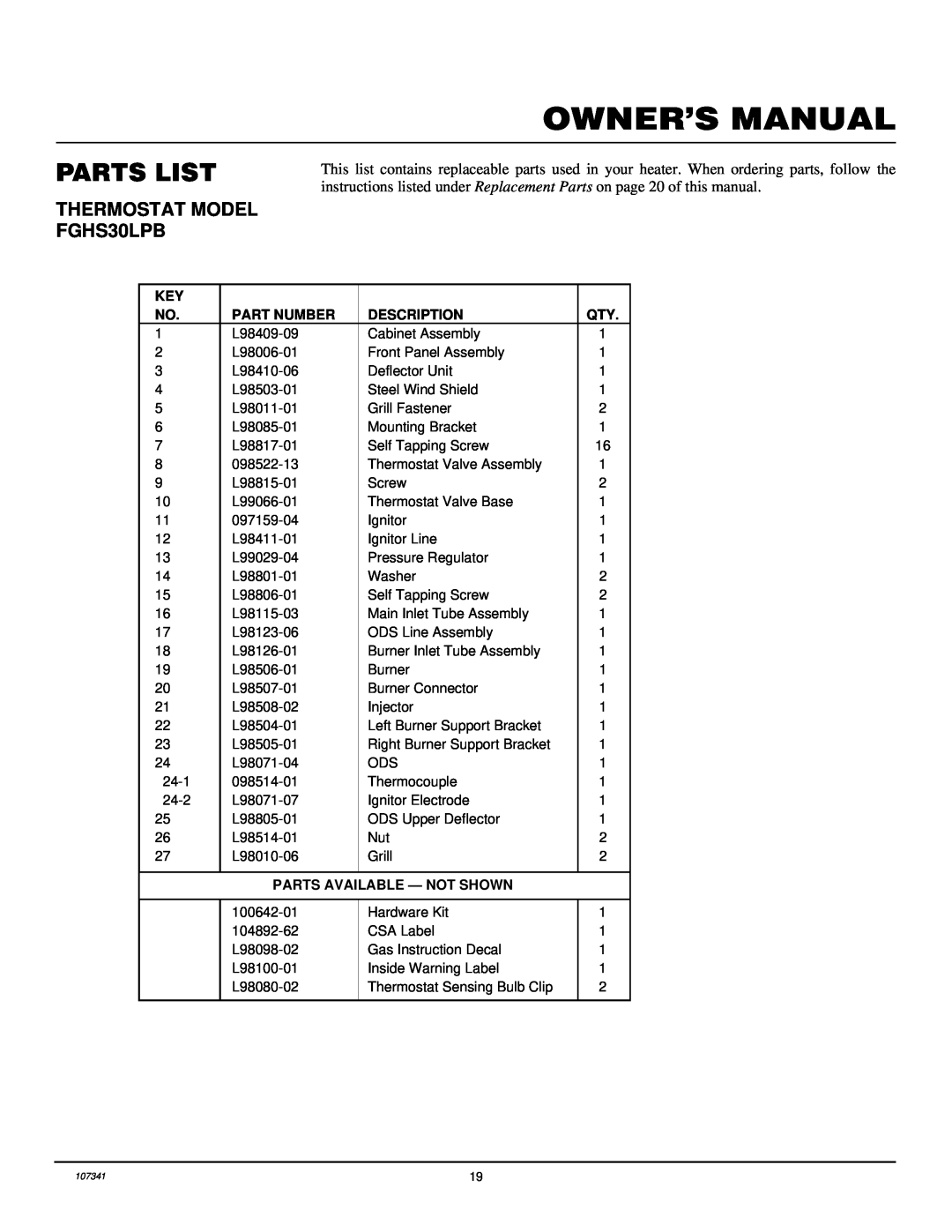 Desa installation manual Parts List, THERMOSTAT MODEL FGHS30LPB 