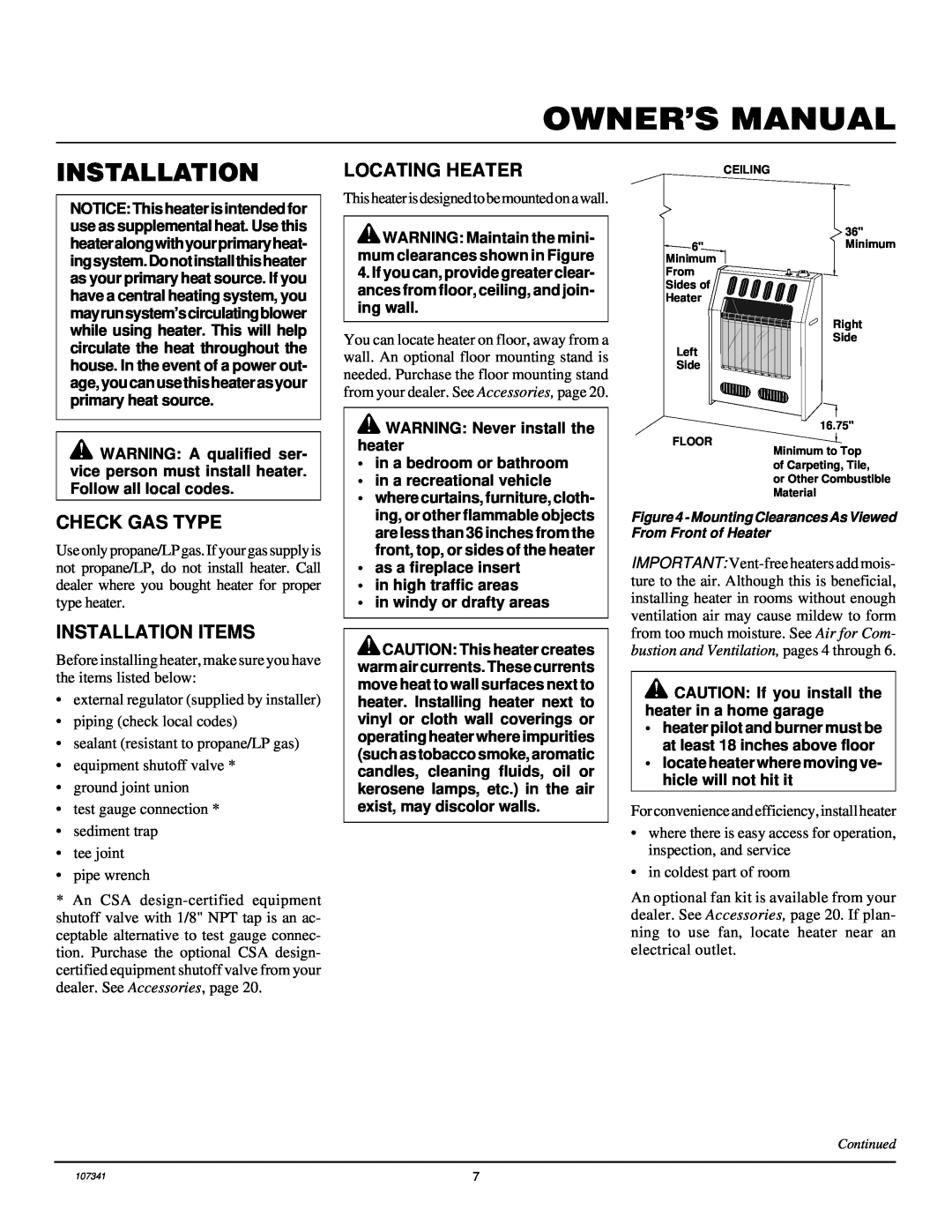 Desa FGHS30LPB installation manual Check Gas Type, Installation Items, Locating Heater 