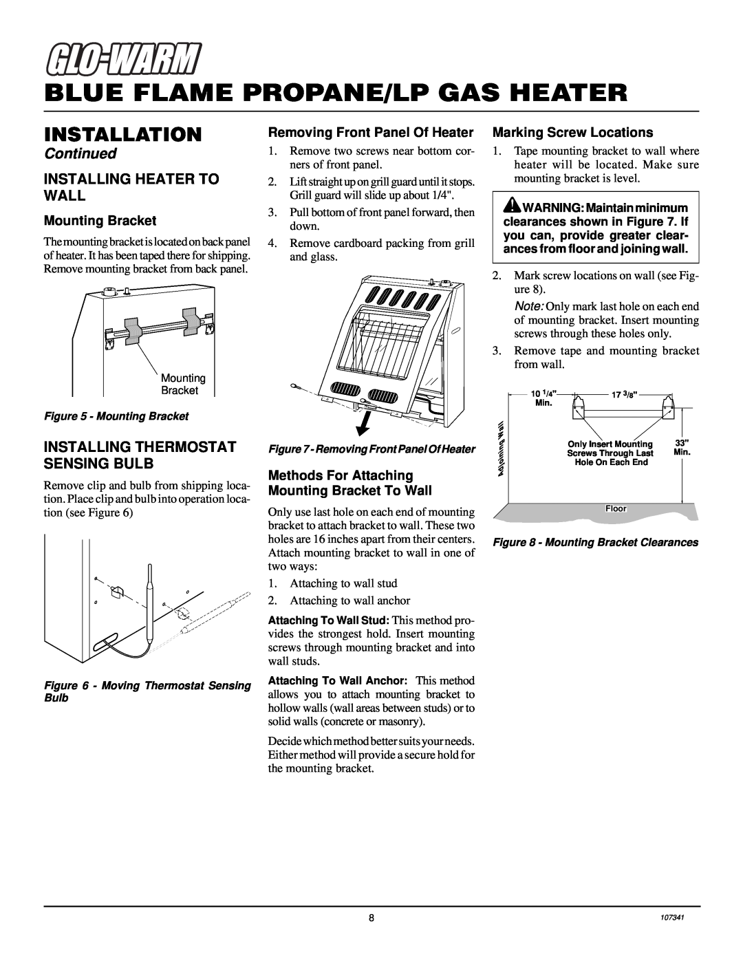 Desa FGHS30LPB Installing Heater To Wall, Installing Thermostat Sensing Bulb, Mounting Bracket, Marking Screw Locations 