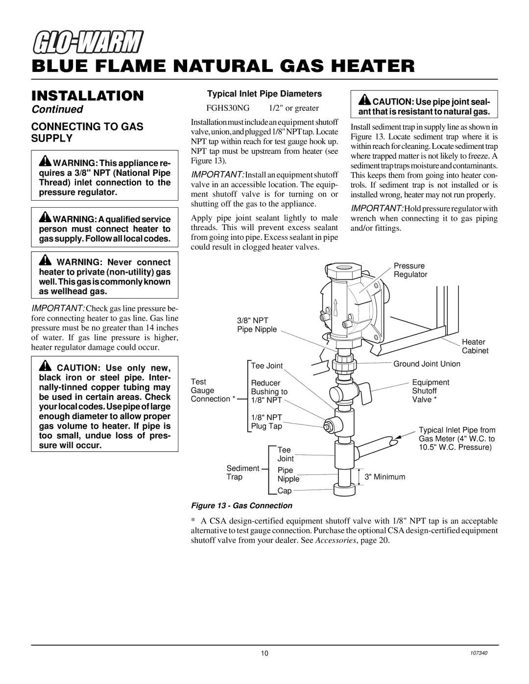 Desa FGHS30NGB installation manual Connecting to GAS Supply, Typical Inlet Pipe Diameters 