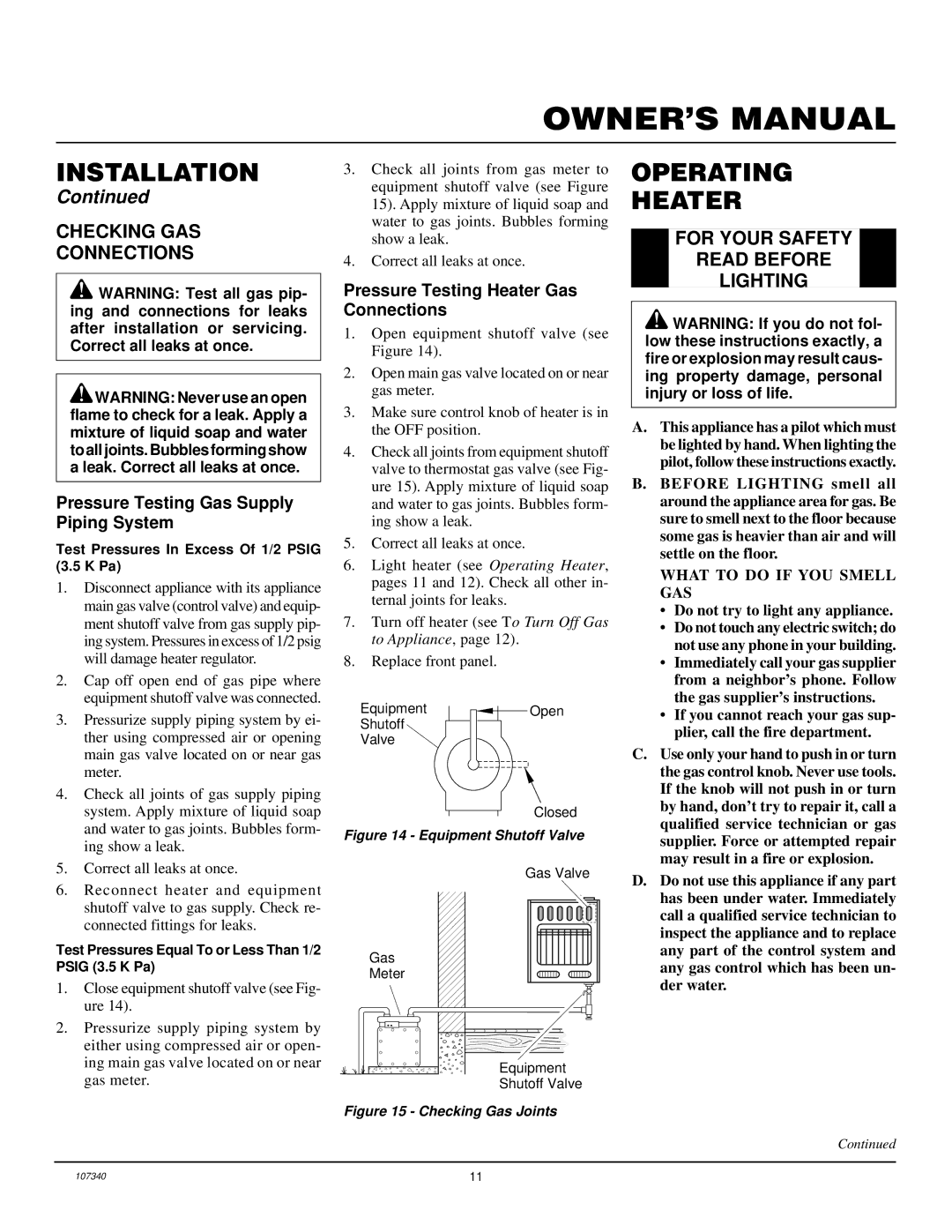 Desa FGHS30NGB installation manual Operating Heater, Checking GAS Connections, For Your Safety Read Before Lighting 