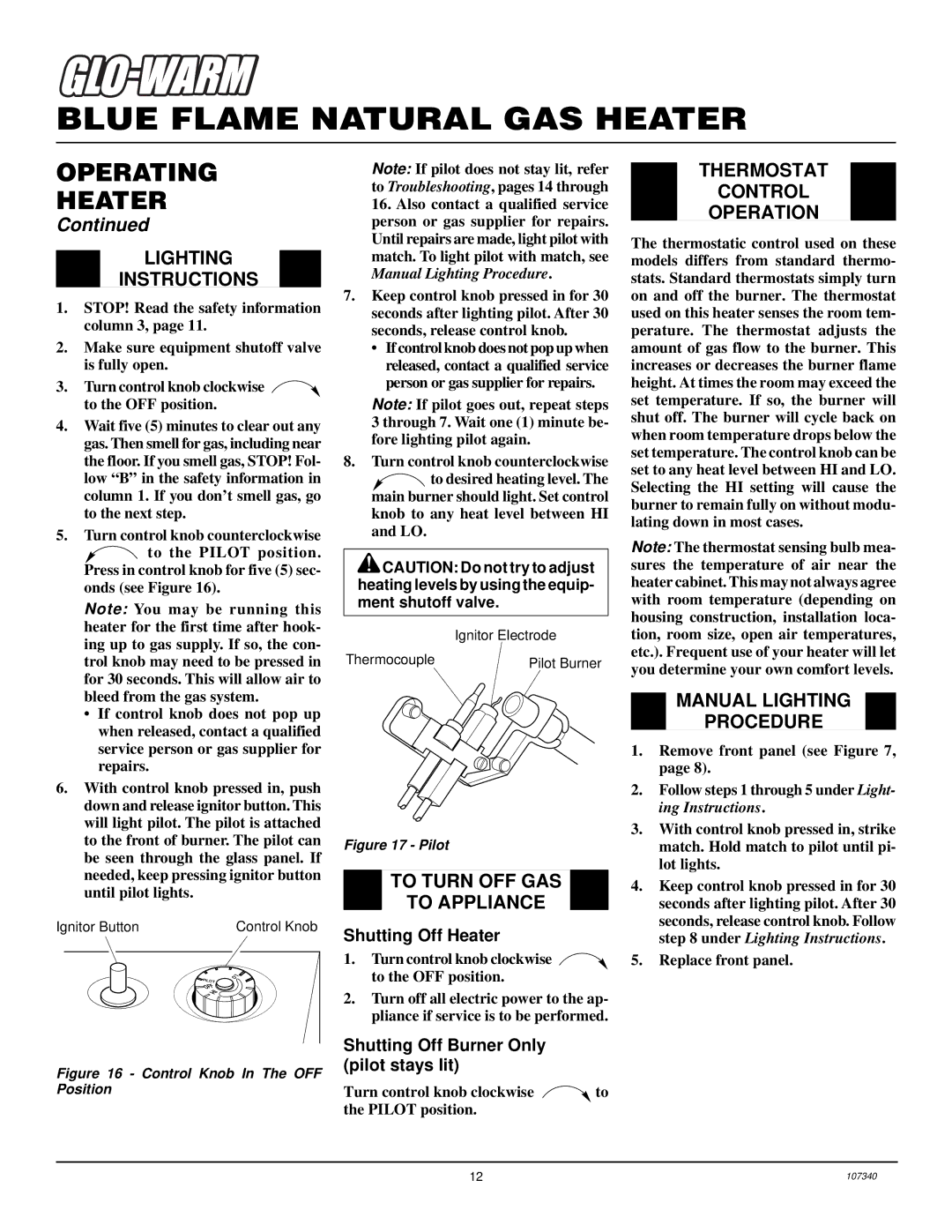 Desa FGHS30NGB installation manual Lighting Instructions, To Turn OFF GAS To Appliance, Thermostat Control Operation 