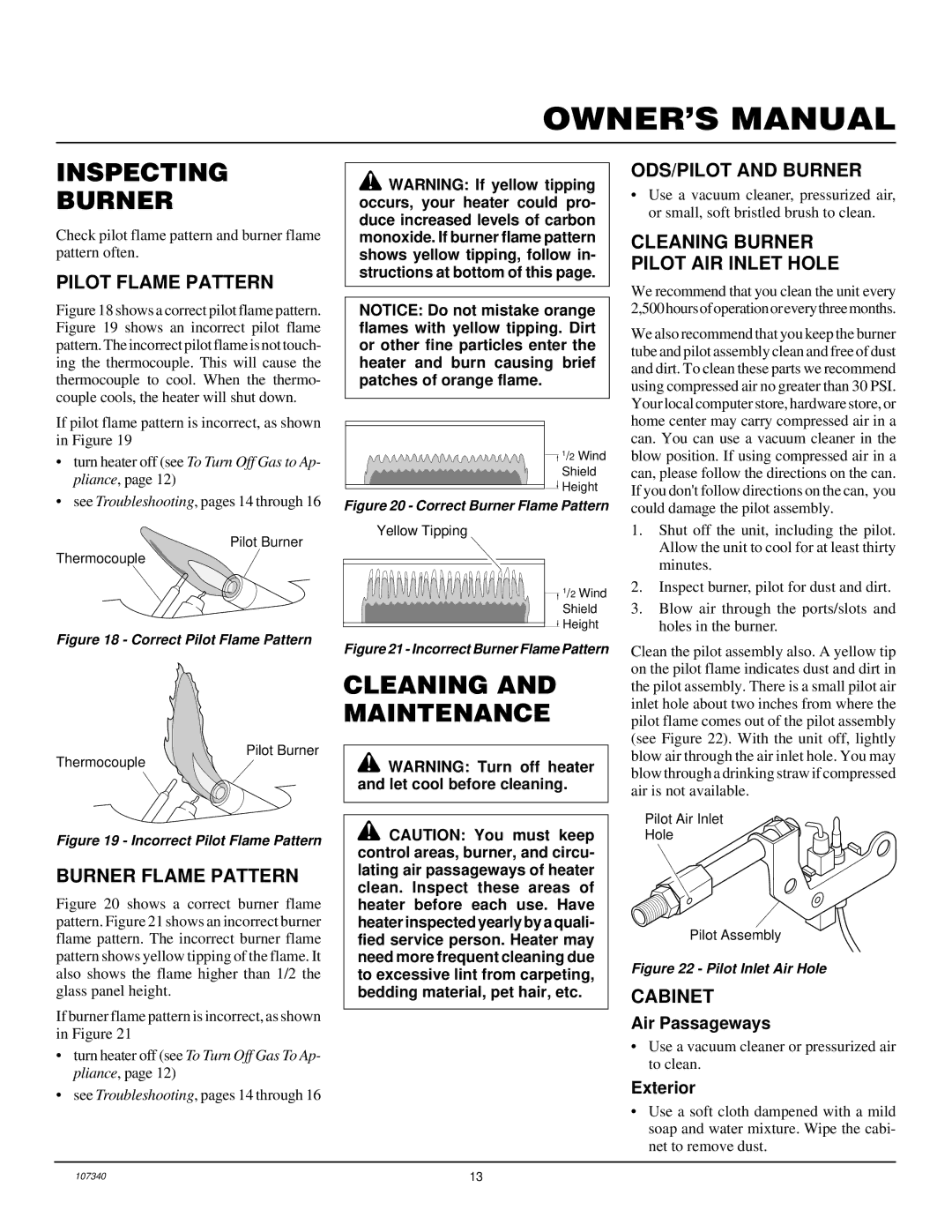 Desa FGHS30NGB installation manual Inspecting Burner, Cleaning and Maintenance 