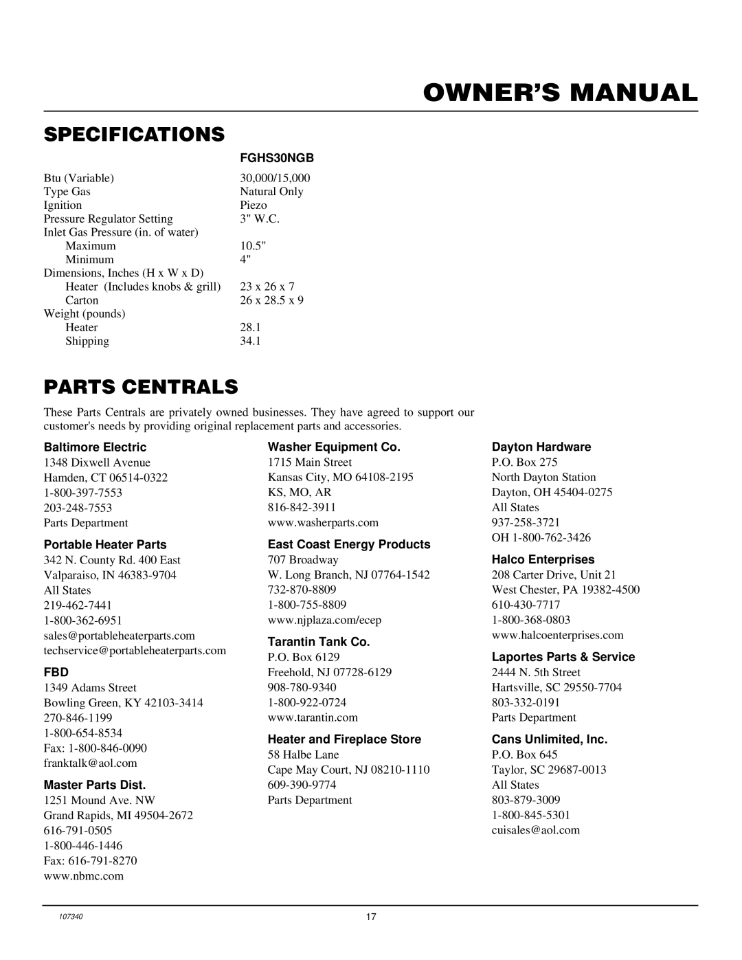 Desa FGHS30NGB installation manual Specifications, Parts Centrals 