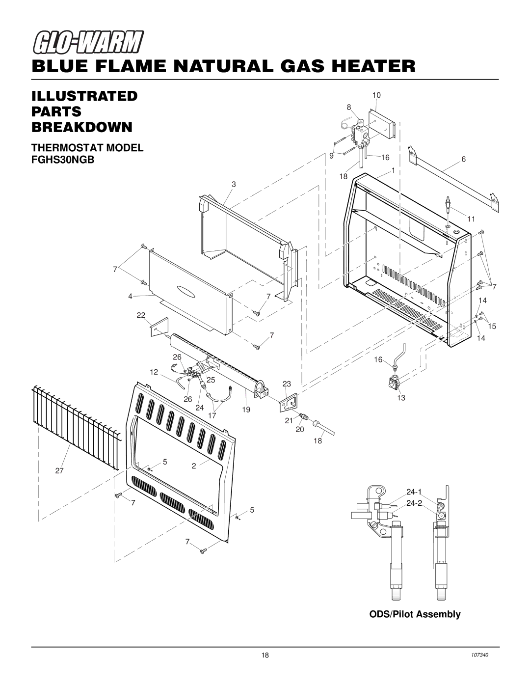 Desa installation manual Illustrated PARTS8 Breakdown, Thermostat Model FGHS30NGB, ODS/Pilot Assembly 