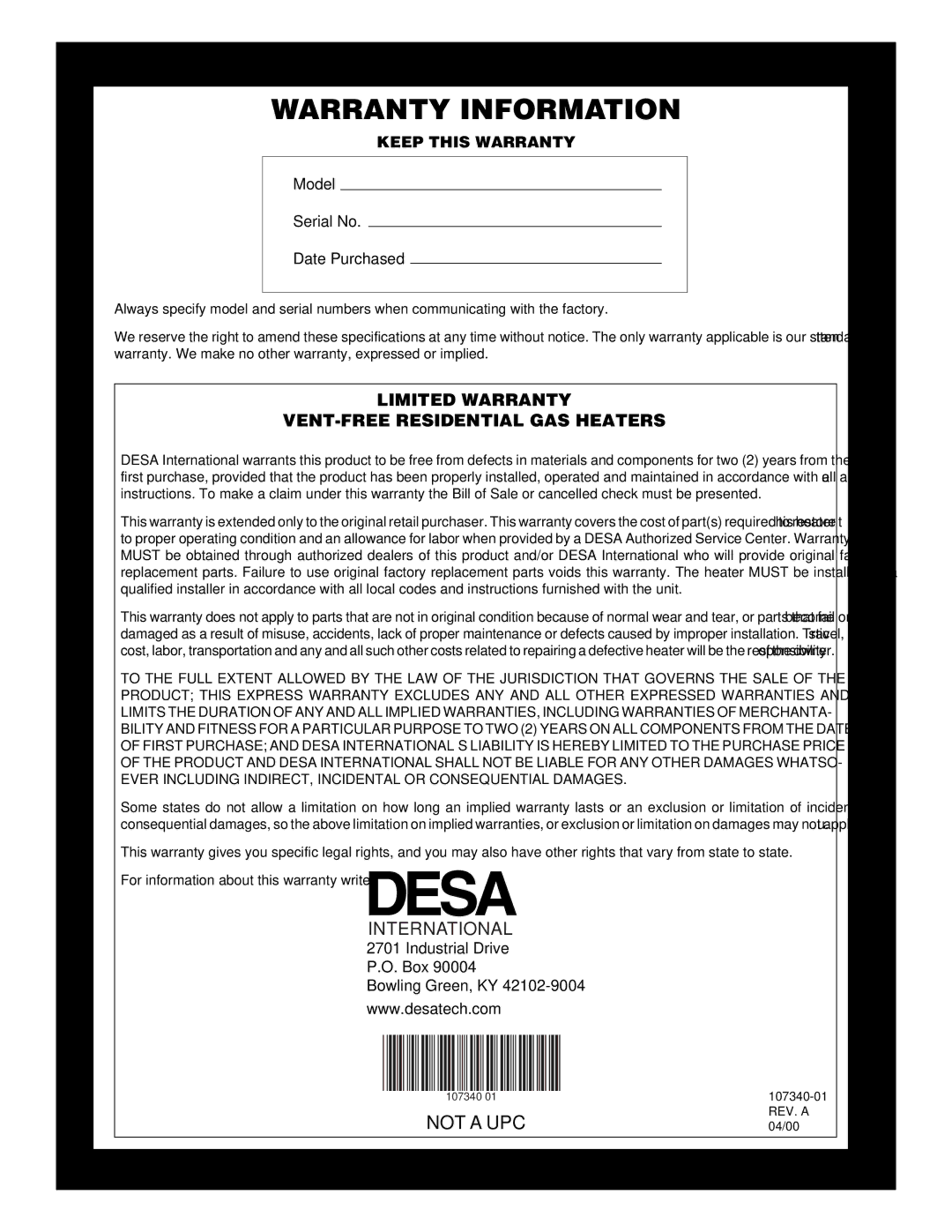 Desa FGHS30NGB installation manual Warranty Information 