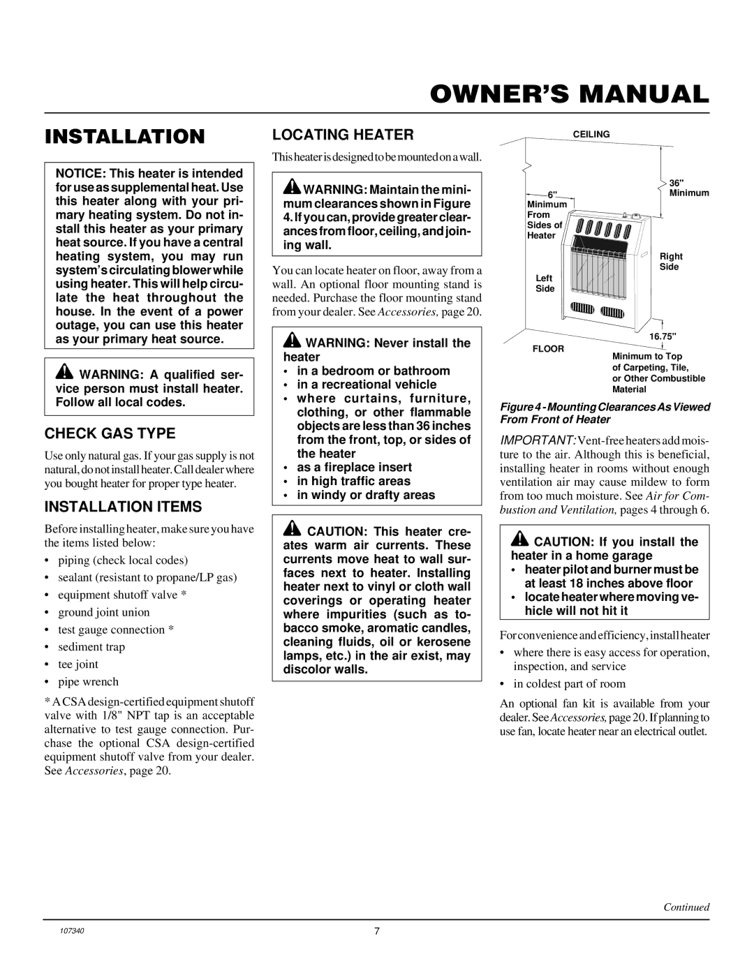 Desa FGHS30NGB installation manual Check GAS Type, Installation Items, Locating Heater 