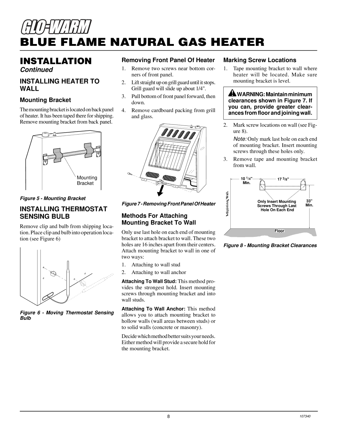 Desa FGHS30NGB installation manual Installing Heater to Wall, Installing Thermostat Sensing Bulb 