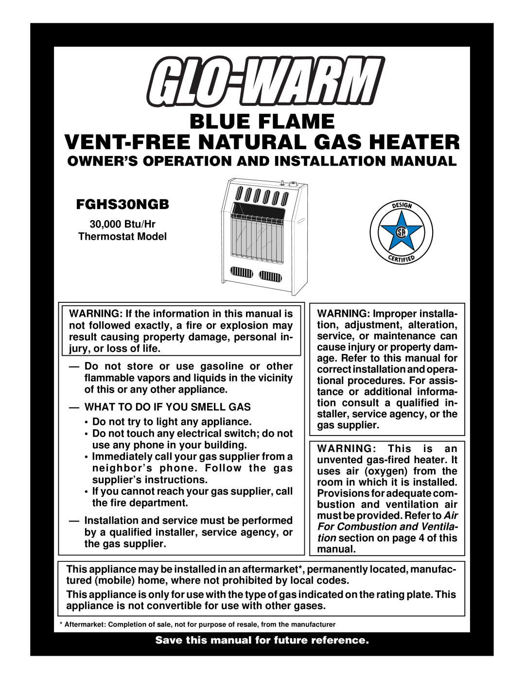 Desa FGHS30NGB installation manual Owner’S Operation And Installation Manual, 30,000 Btu/Hr Thermostat Model 