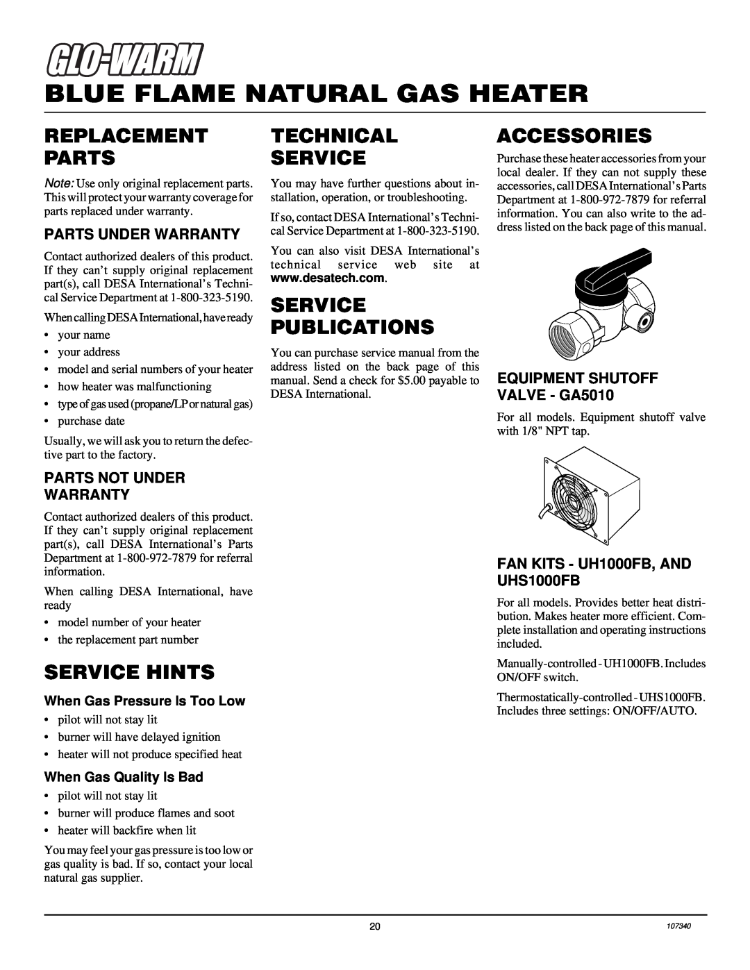Desa FGHS30NGB installation manual Replacement Parts, Service Hints, Technical Service, Service Publications, Accessories 